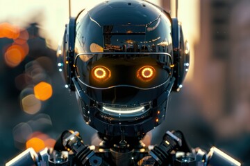 Fototapeta premium Smiling closeup metal robot face with orange eyes and blurred background
