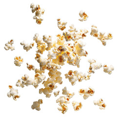 Exploding popcorn kernels in midair with cinematic effect, Isolated Transparent Background