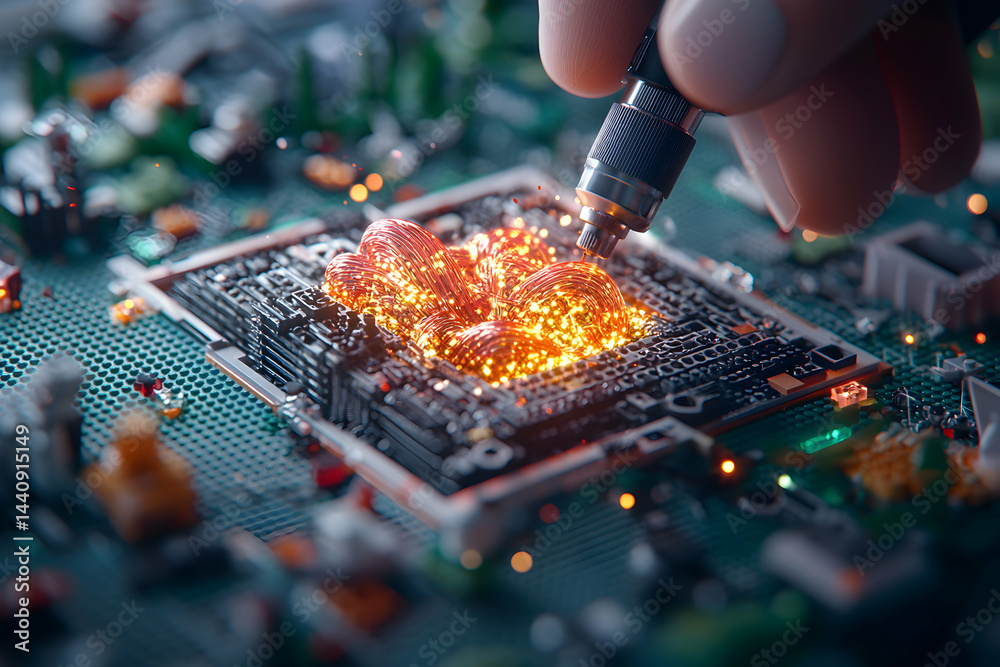 Poster image of a circuit board getting touched by a hand with an electrical component. it looks like elect