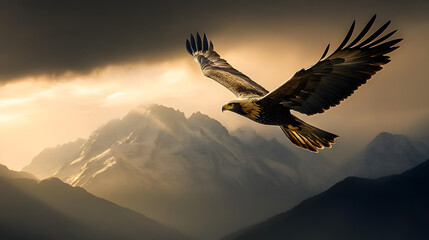 Naklejka premium A golden eagle soaring high above snow-capped mountains.