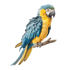 Fototapeta premium Beautiful blue and gold macaw perches on a branch against a white background.