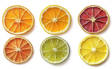 Set of dried citrus fruits isolated on a transparent background, top view. 
