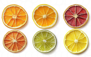 Set of dried citrus fruits isolated on a transparent background, top view. 
