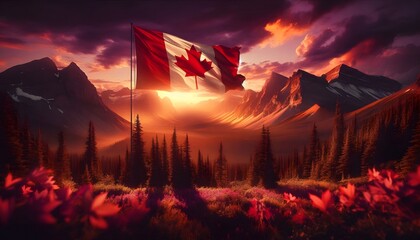 Cinematic scene of the Canadian flag at sunset over a mountain landscape