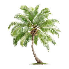 Lush green palm tree stands tall against a bright white isolated background.