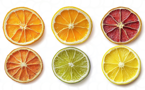 Set of dried citrus fruits isolated on a transparent background, top view. 