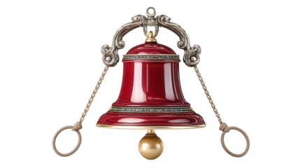 A shiny red and gold bell hangs from an ornate metal bracket with chains.