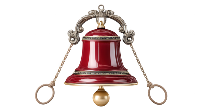 A shiny red and gold bell hangs from an ornate metal bracket with chains.