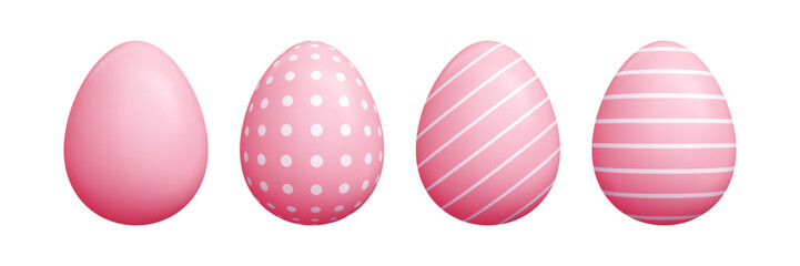 Easter egg 3d cartoon set - pink oval shapes solid colors, decorated diagonal striped lines, polka dots patterns. Vector graphic seasonal style for spring holidays greeting cards commercial projects