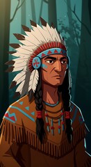 Man Wearing Traditional Feather Headdress Looking Serious