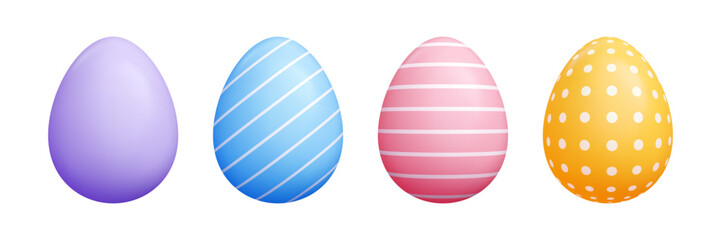 Easter 3d egg vector set - pastel color solid oval cartoon shapes, decorative polka dots, cute striped lines drawing patterns. Vector seasonal elements for spring holidays commercial projects