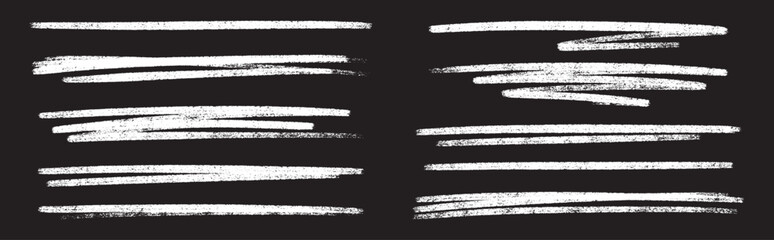 Chalk or crayon white underline set on black chalkboard background - hand drawn pencil or marker horizontal long highlighter strokes with rough textured edges. Design elements for emphasizing text