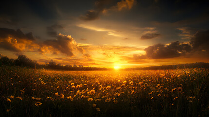 A golden meadow of wildflowers under a dreamy sunset sky.