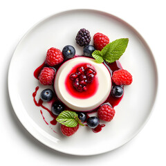 Italian panna cotta topped with fresh berries and a drizzle of fruit sauce- Top View