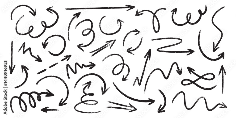 Wall mural crayon arrow sketches collection - hand drawn doodle style pointers, curved lines, round swirls. cha