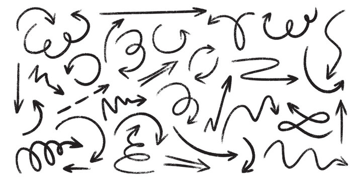 Crayon arrow sketches collection - hand drawn doodle style pointers, curved lines, round swirls. Chaotic scribbling, artistic design elements set. Black grunge brush strokes isolated on white bg.