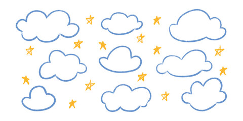 Fototapeta premium Crayon chalk kid cloud doodle bundle - adorable wonky stars uneven hand drawn style. Primitive rudimentary strokes fairytale dreamland vibes. Irregular diy craft supplies printables patterns.
