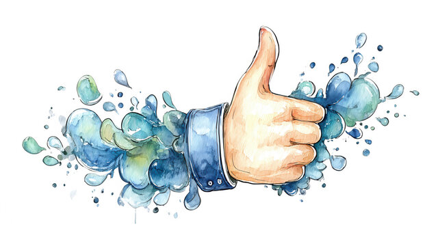 Watercolor illustration shows a thumbs up gesture with blue bubble design