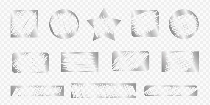Card lottery scratch silver badges on transparent background - chalk shading smudged blotchy doodle elements. Gritty grainy overlay geometric smear templates. Rugged ragged glossy ink splatter.