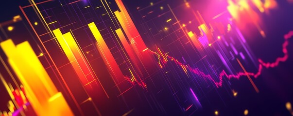 Abstract financial chart with rising bars and line graph in orange red and purple hues showing growth