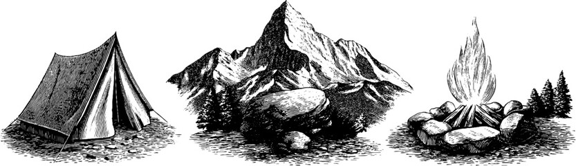 Camping adventure: engraved illustration of mountain, tent, and campfire scene