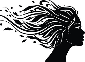 Woman Profile with Leaf Hair - Black and White Vector Art
