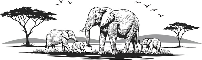 Elephant Family in African Savanna - Vector Art © Tharindu