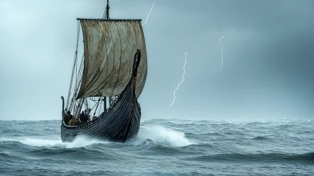 Viking longship stormy sea