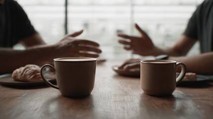Coffee Conversation: Two individuals engage in a dynamic discussion over coffee, as croissants and other pastries add a touch of delight to the scene. A shared moment of connection and contemplation.