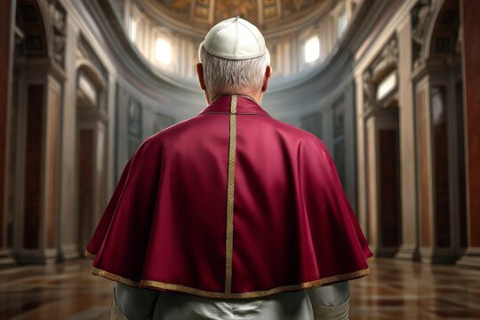 Elderly caucasian male in red cape inside historic cathedral interior