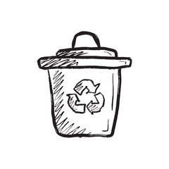 Hand drawn recycling bin with lid as a concept for plastic, zero waste, garbage sorting in black brush stroke texture isolated on white. Hand drawn vector sketch illustration in vintage charcoal ink