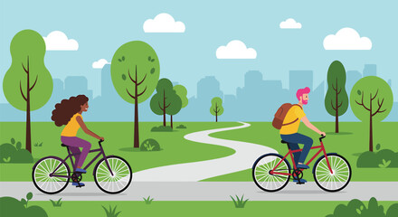 Naklejka premium Friends Cycling in Park, Flat Vector Illustration
