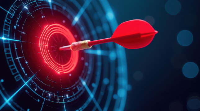 A sleek dart with a red fin hits the center of a vivid red bullseye, set against a glowing blue digital grid