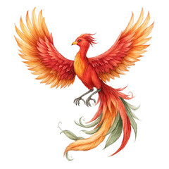 Obraz premium A vibrant phoenix watercolor illustration rises with outstretched wings upward.