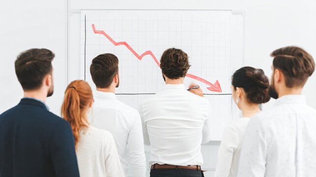 Economic Downturn: A team of professionals gathers around a whiteboard, examining a downward-trending graph, symbolizing the challenges and concerns associated with a economic downturn.