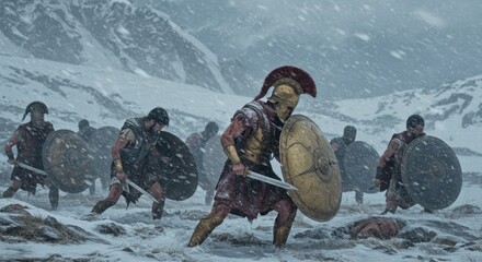 Naklejka premium Weary Athenian Warriors in a Blizzard