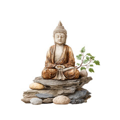 Obraz premium Buddha statue meditates peacefully on stone altar with small green plant