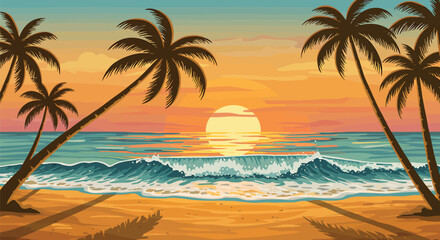 Obraz premium Tropical Beach Sunset - Vector Art