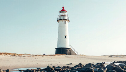 White lighthouse with red top on sandy beach, clear sky, calm and peaceful scene.