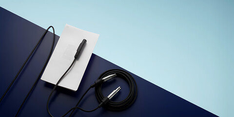 Obraz premium An arrangement of audio equipment displayed on a blue table, copy space