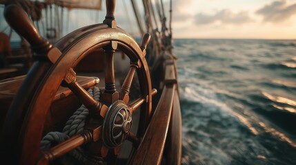 Wooden ship wheel on vintage sailing ship moving through open sea at sunset perfect for Columbus Day nautical celebration visuals and maritime adventure journey themes