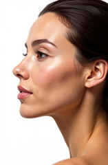 Fototapeta premium profile of a woman with a flawless complexion and sleek hairstyle against a white background. beauty and skincare concept. fashion magazine, cosmetic branding, health articles.