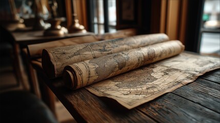 Vintage nautical maps rolled on a rustic wooden table illuminated by soft light perfect for Columbus Day, Explorers Day, maritime history visuals and educational background themes