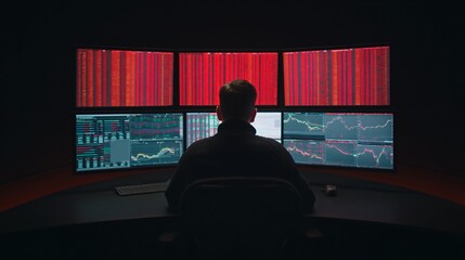 Data Analyst at Work: An analyst, deep in concentration, navigates complex financial data displayed across multiple screens, focused on monitoring market trends in a dimly lit environment.