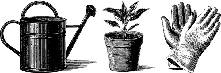 Vintage gardening set with watering can, potted plant, and gloves for diy projects