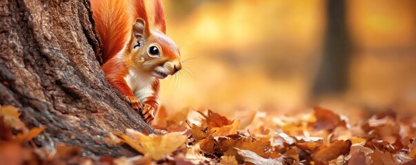 Obraz premium Autumnal squirrel nestled amongst fall foliage.