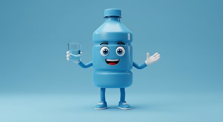 Happy Water Bottle Mascot Holding Smartphone on Blue Background