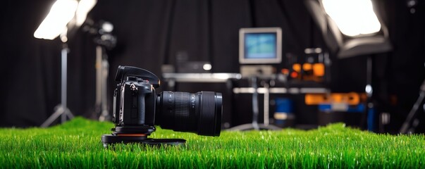 Professional photography equipment on artificial turf.