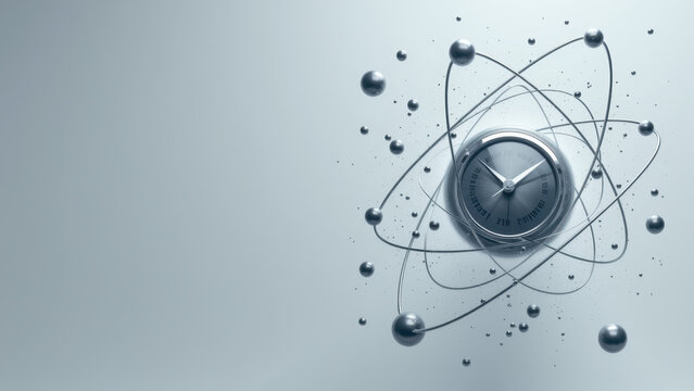 "Illustration of an atomic clock with particles floating around it."