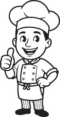 Happy Chef Giving a Thumbs-Up, Ready to Cook, black and white line drawing illustration